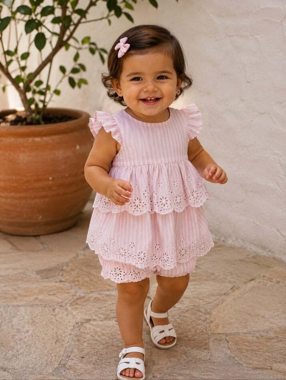 Baby Gap Pink Stripe Eyelet Flutter Sleeve Dress 12-18 Months